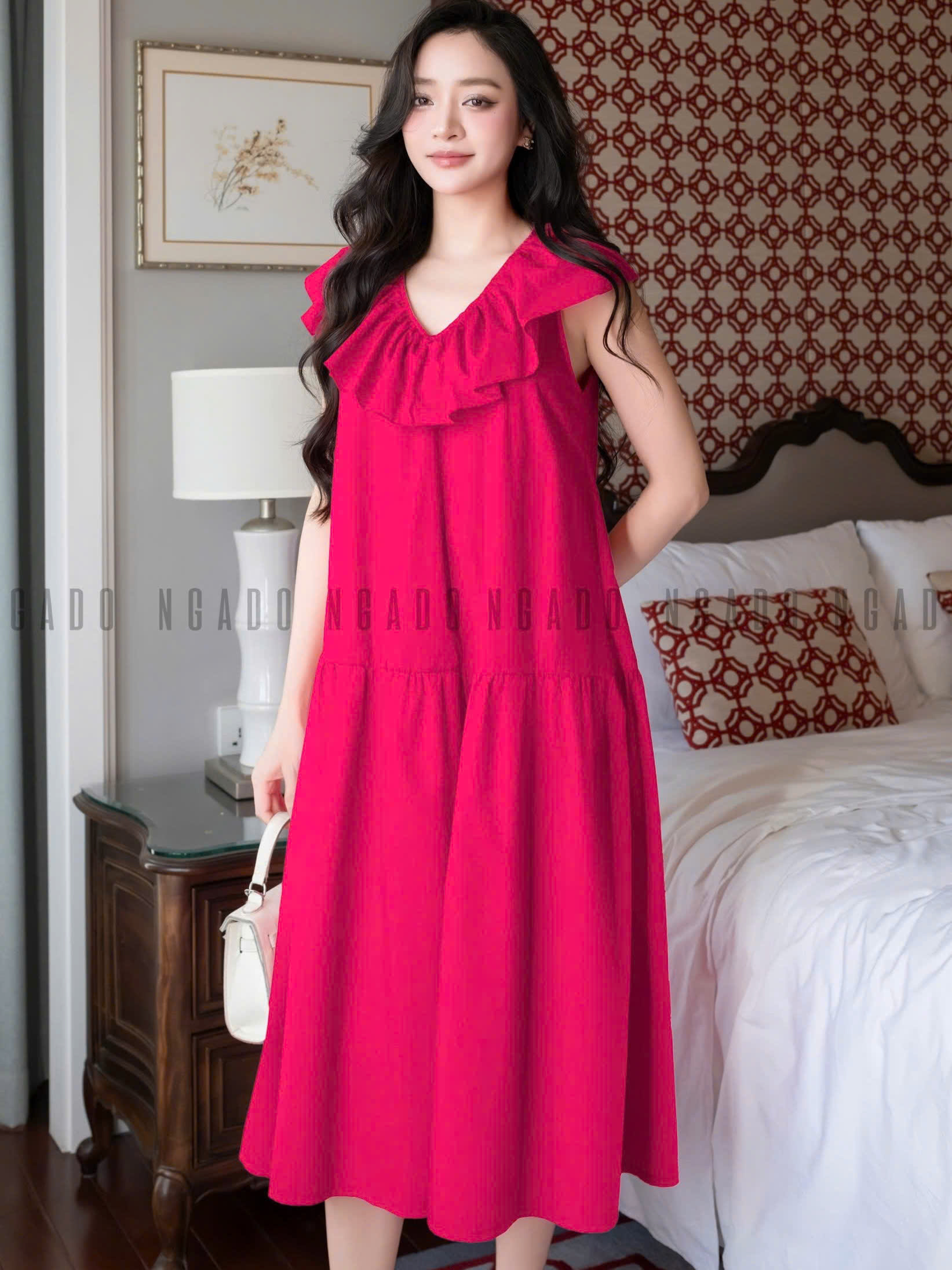 Đầm babydoll hồng sen cổ nhún NGADO , đầm babydoll dài , đầm kiểu Nữ