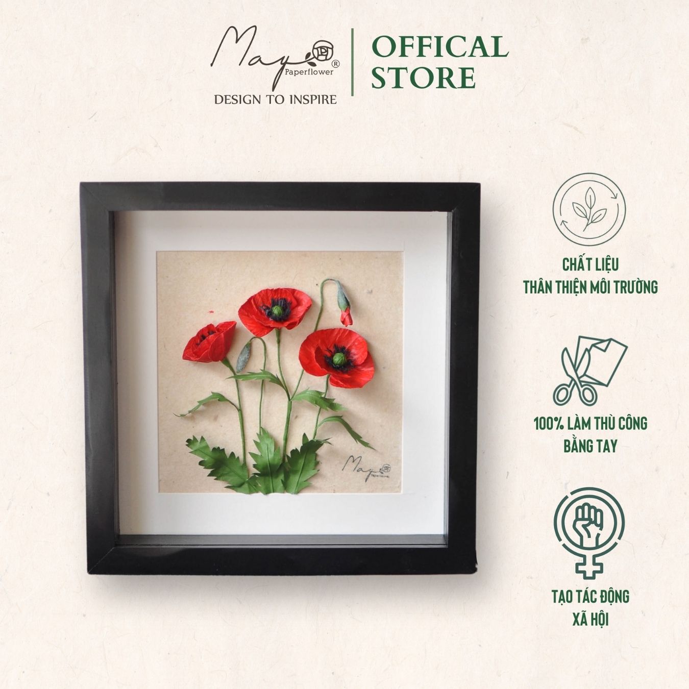 Tranh Hoa Giấy Handmade Trang Trí - Hoa Poppy Kết Hợp Giấy Dó MAYPAPERFLOWER Khung Tranh Gỗ Size 25x25cm