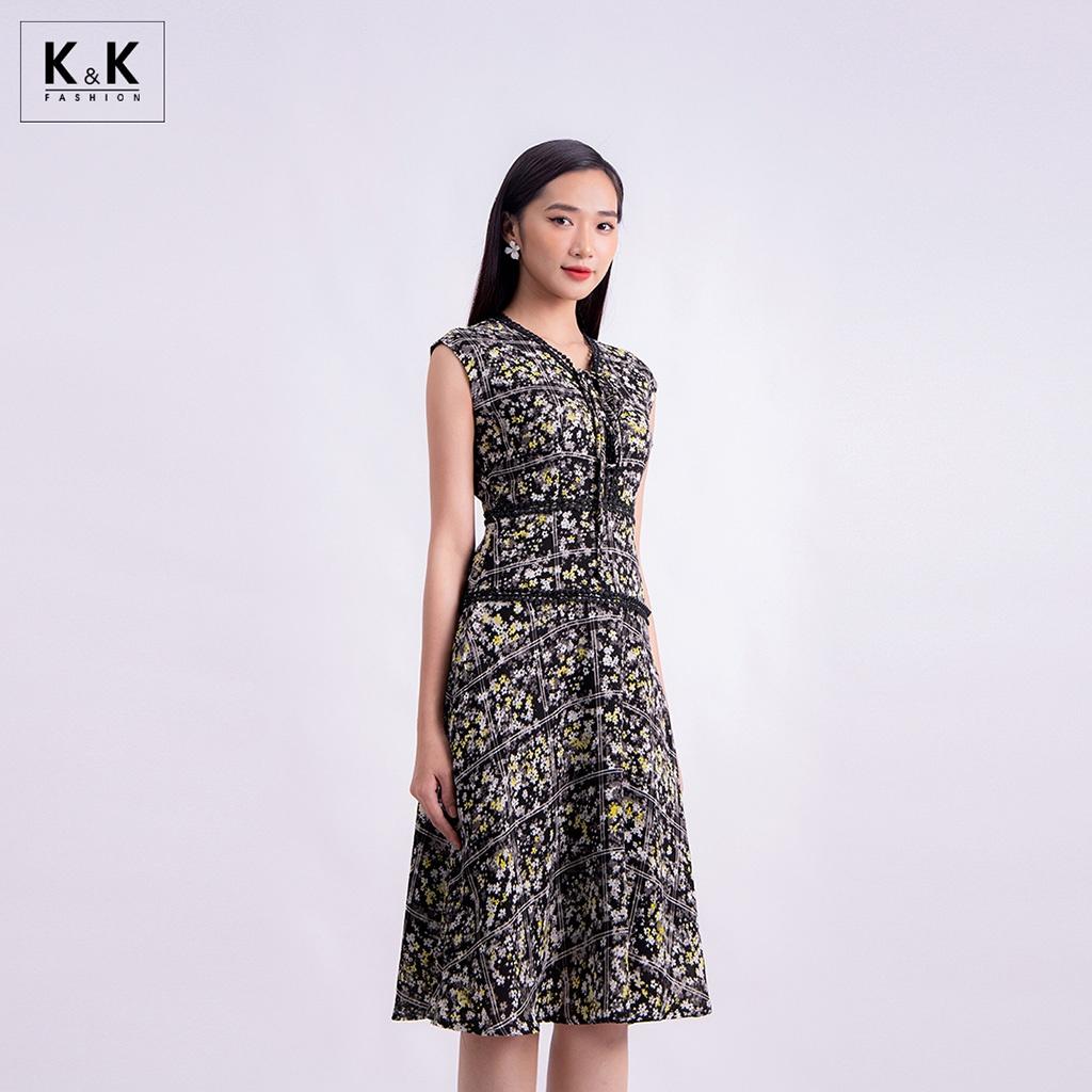 Đầm Xòe Hoa Nhí Phối Đăng Ten K&amp;K Fashion KK120-19 Chất Liệu Lụa Champa