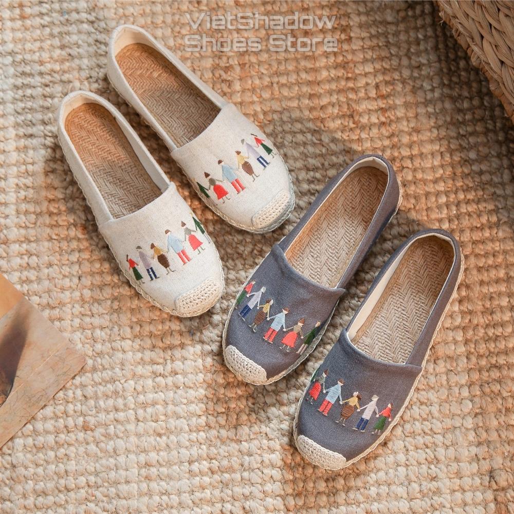 Slip on cói nữ - Giày lười vải thêu - Chất liệu vải bố sợi lanh 2 màu (be) và (xám) - Mã SP X-19