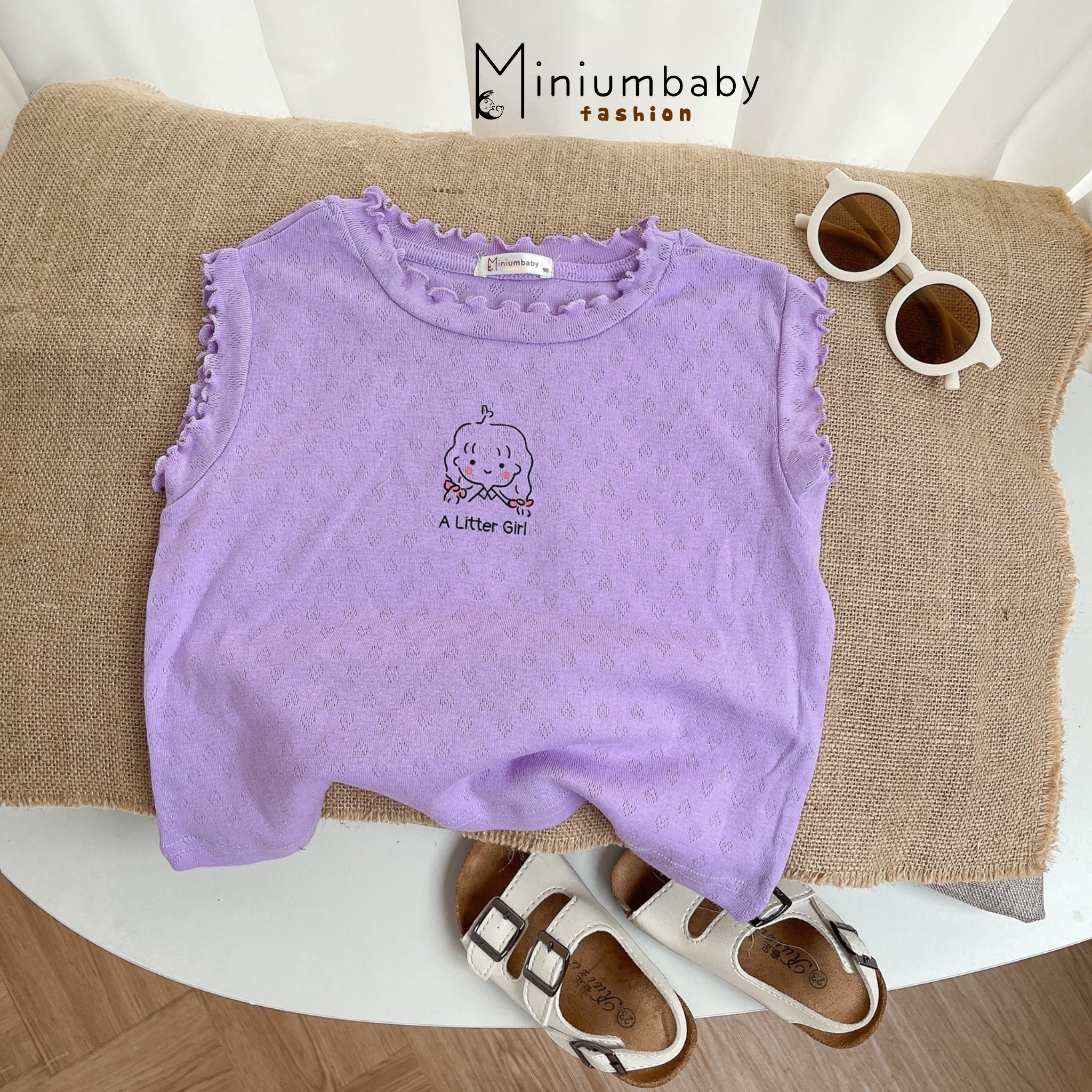 Áo sát nách bé gái 1-6 tuổi vai bèo hình em bé vải cotton thông hơi co giãn thấm hút mồ hôi kiểu dáng thời trang