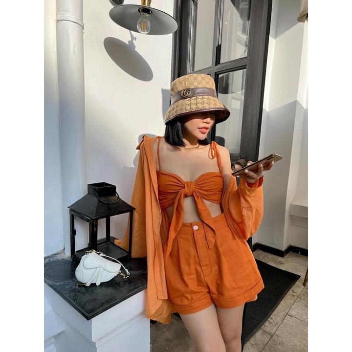 Sét bộ 3 món nữ croptop 2 dây quần đùi from rộng kèm áo khoác sơ mi duyên dáng DSS987