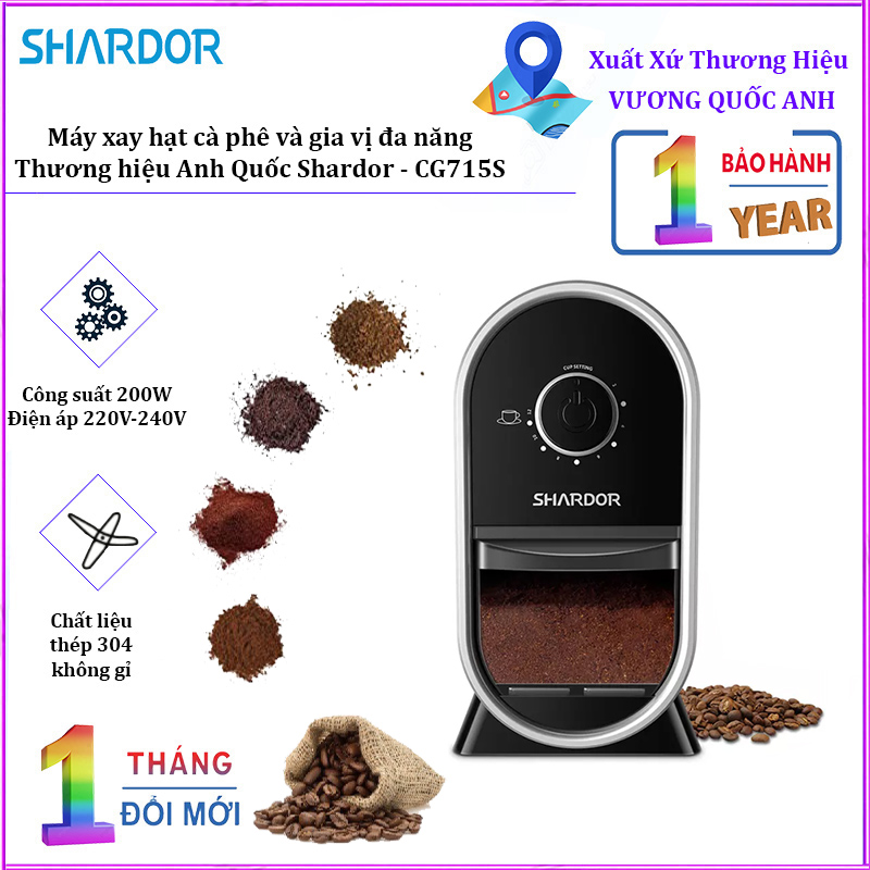 Máy xay hạt cà phê cao cấp Shardor CG815B, định lượng cà phê bột tối đa 12 tách - Công suất 100W - Bảo hành 12 tháng