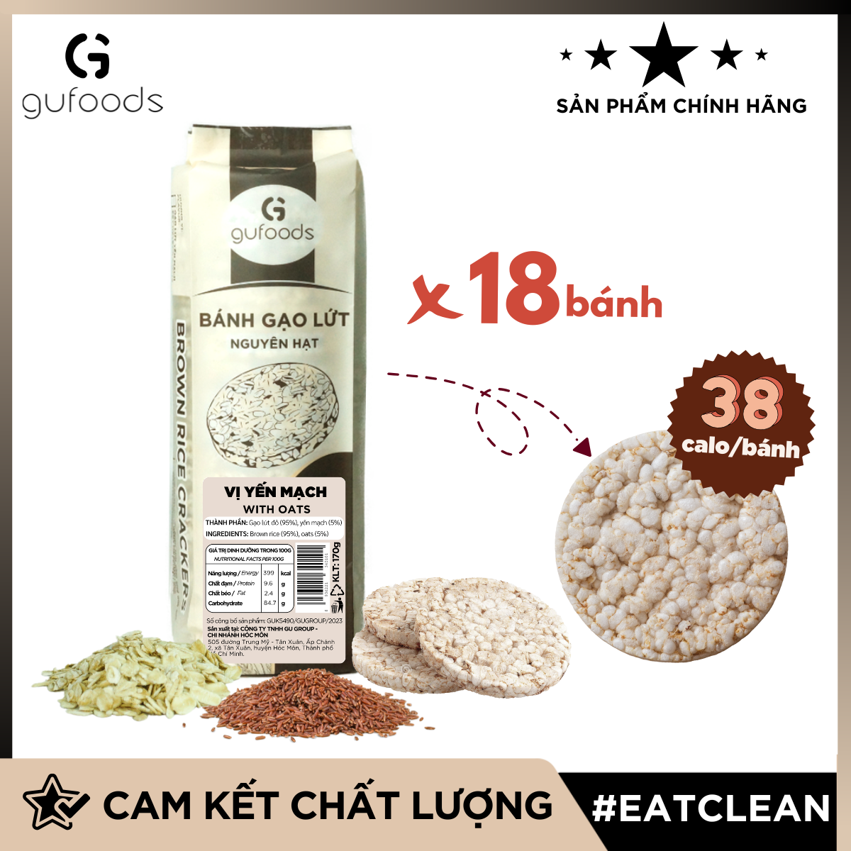 Bánh gạo lứt GUfoods vị Yến mạch - Không chiên dầu, Không đường, Lành mạnh, Phù hợp Eat clean, Ăn vặt healthy, Thực dưỡng, Tập gym, Thuần chay