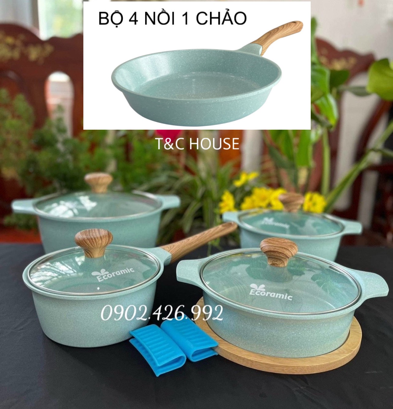 Bộ Nồi Chảo Chống Dính Đáy Từ 5 Món Ecoramic Quánh 16cm Nồi 18cm 20cm 22cm Chảo 20cm