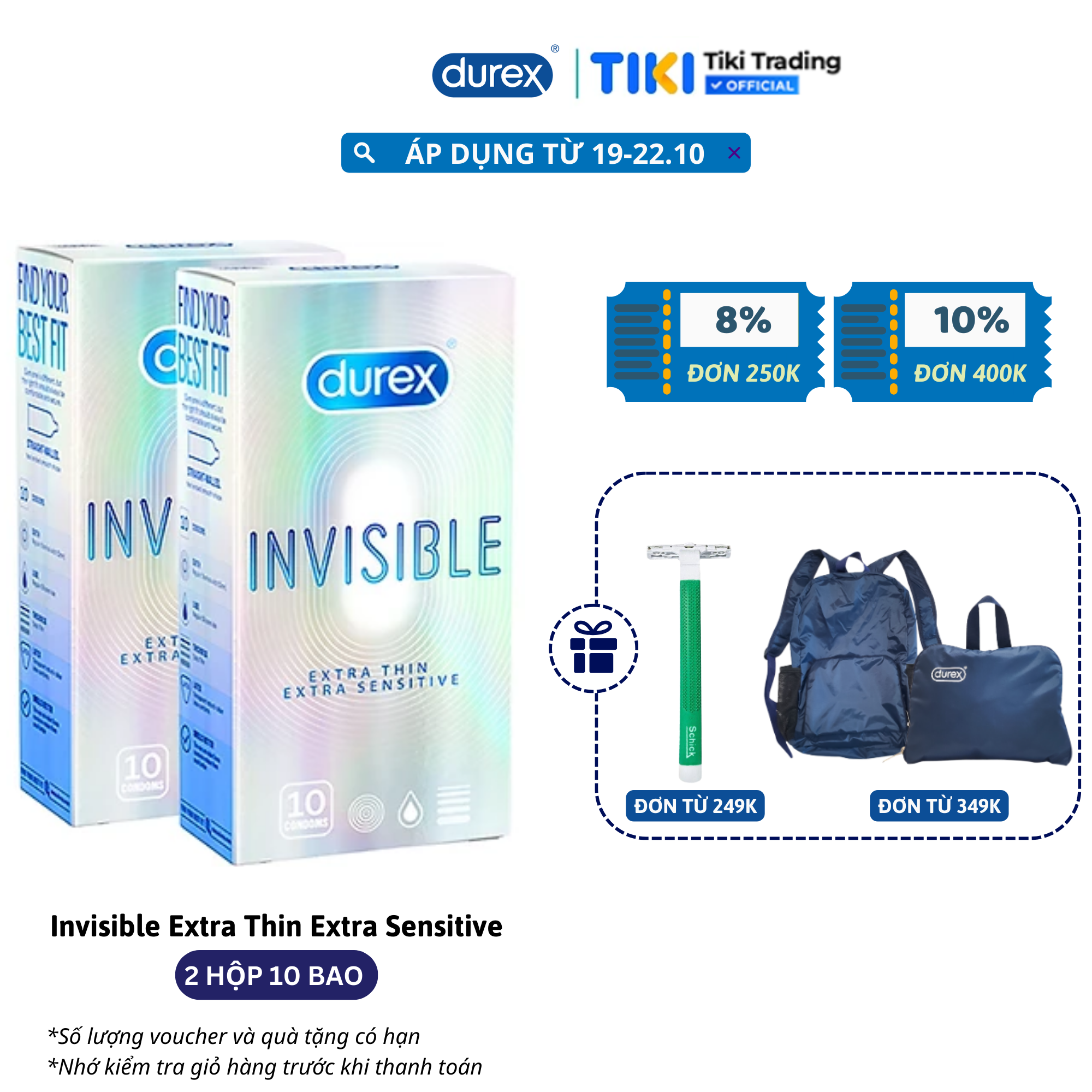 Bao Cao Su Siêu Mỏng Durex Invisible Hộp 10s + Hộp 10s