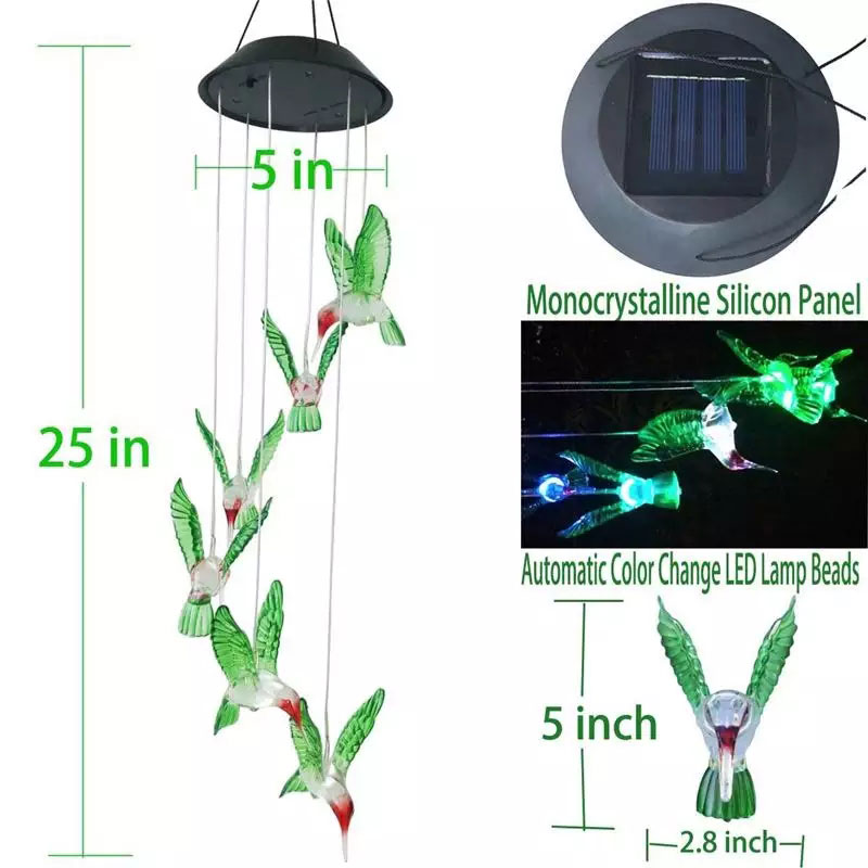 ĐÈN LED Năng Lượng Mặt Trời Đèn Chuông Gió Chim ruồi tự động sáng đổi màu