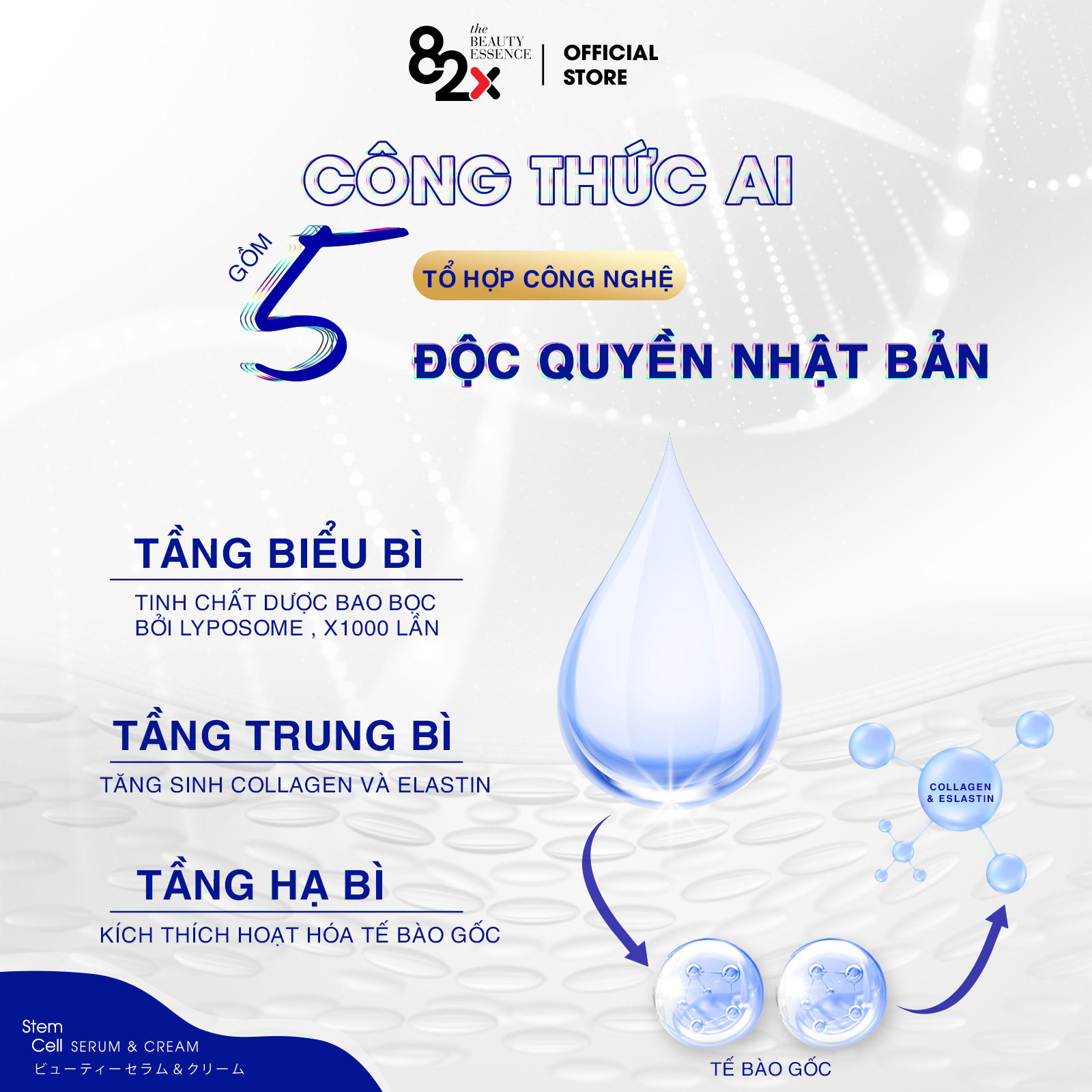 82X- Bộ đôi AI STEM CELL SERUM & CREAM dưỡng trắng , chống lão hóa hoàn hảo đến từ Nhật Bản với 10ml/chai và 10mg/hộp.