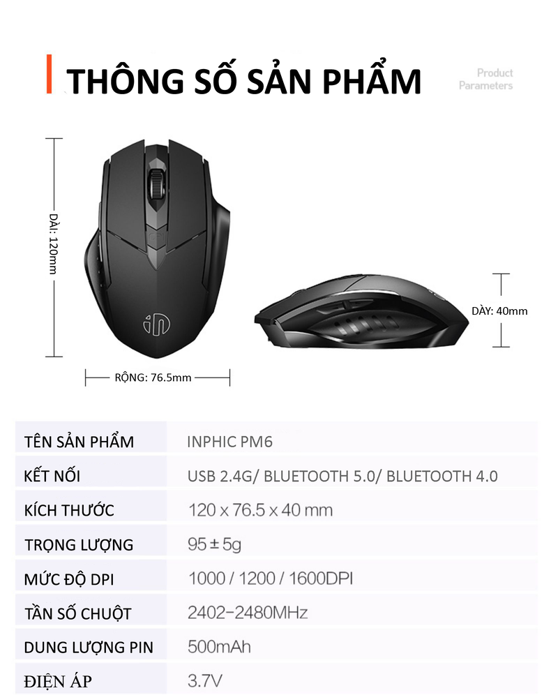 Chuột không dây INPHIC PM6 sử dụng pin sạc kết nối bằng USB 2.4G, Bluetooth 5.0 với nút nhấn silent không tiếng ồn - Hàng Chính Hãng