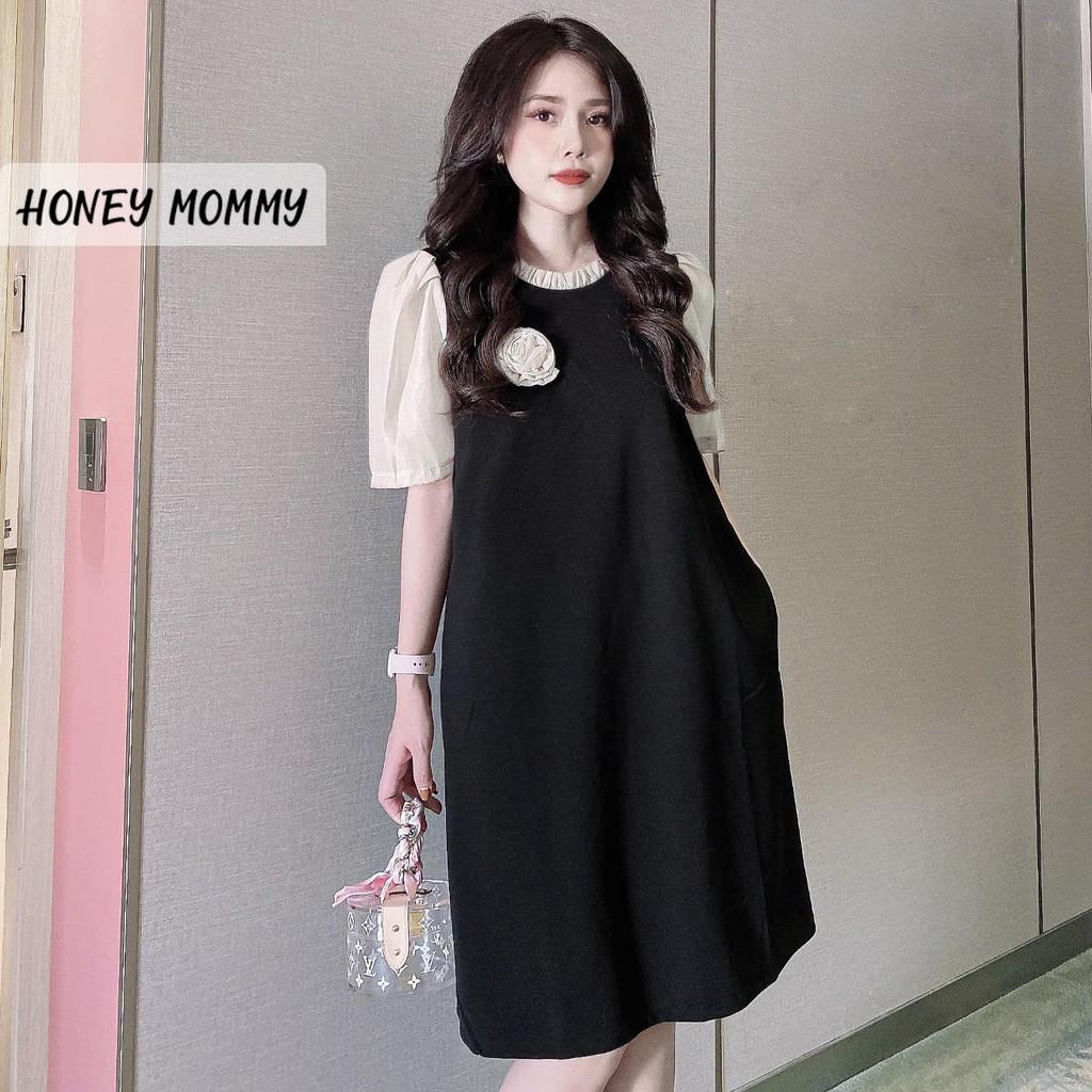 Váy Bầu Hè Công Sở Tay Voan Đính Hoa Ngực Sang Chảnh HD2610 Honey Mommy Đầm Bầu Công Sở Hè