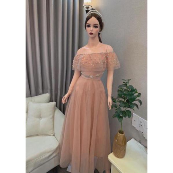 Đầm Maxi xoè lưới bẹt vai kết cườm treo -MS33Y- Size M L đến 58kg MMR