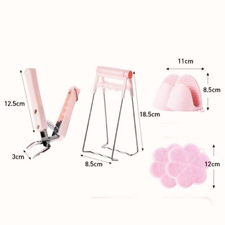 Bộ 4 dụng cụ kẹp gắp đồ nóng thức ăn đa năng inox chống phỏng kèm bộ găng tay, miếng lót nồi silicon cao cấp