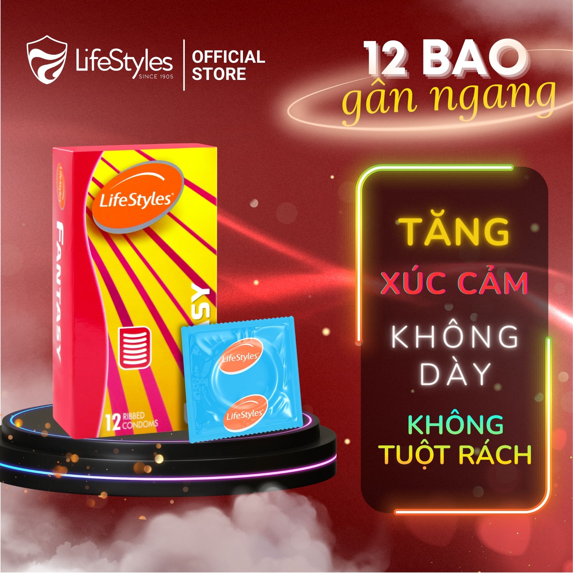 Bao cao su LifeStyles Fantasy Gân Ngang, Nhiều Gel Bôi Trơn tăng Khoái Cảm - Hộp 12 bao