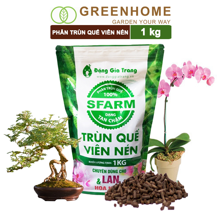 Phân Trùn quế viên nén Sfarm, bao 1kg, nguyên chất,  chuyên bón hoa Lan, cây cảnh, bonsai |Greenhome