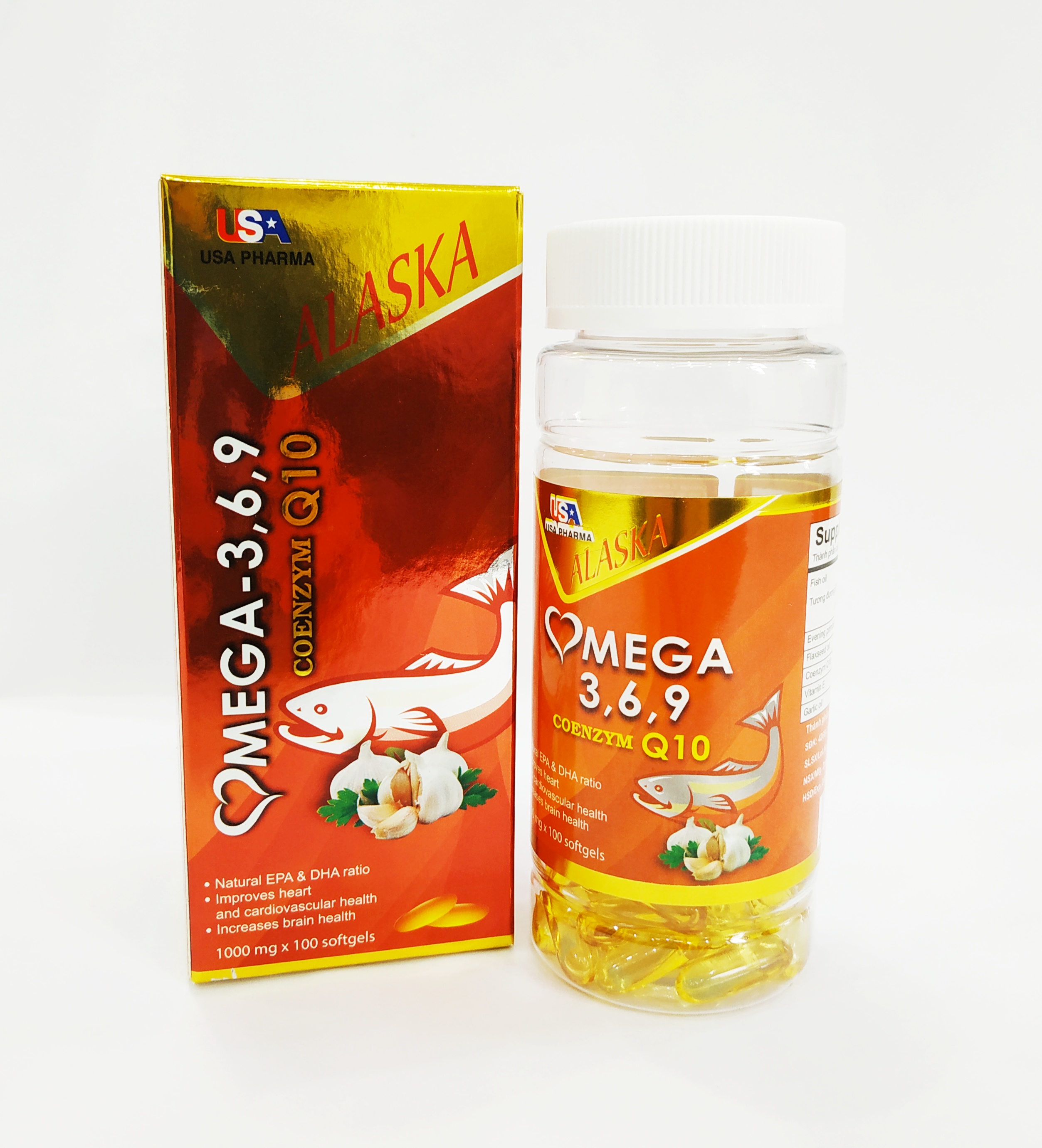 VIÊN UỐNG DẦU CÁ ALASKA OMEGA 3,6,9 TỎI COENZYM Q10 - TỐT CHO MẮT, TIM, NÃO, ĐẸP DA, HẠ CHOLESTEROL - OMEGA 369 - LỌ 100 VIÊN