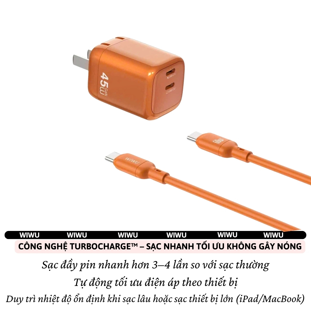 Bộ Adapter Cóc Củ Sạc Nhanh USB-C hiệu WiWU 45W USB-C công nghệ TurboCharge sạc ổn định, không nóng – Combo Củ & Dây sạc Type-C Chip Smart IC An toàn,điều chỉnh dòng điện, Vỏ chống cháy - hàng nhập khẩu