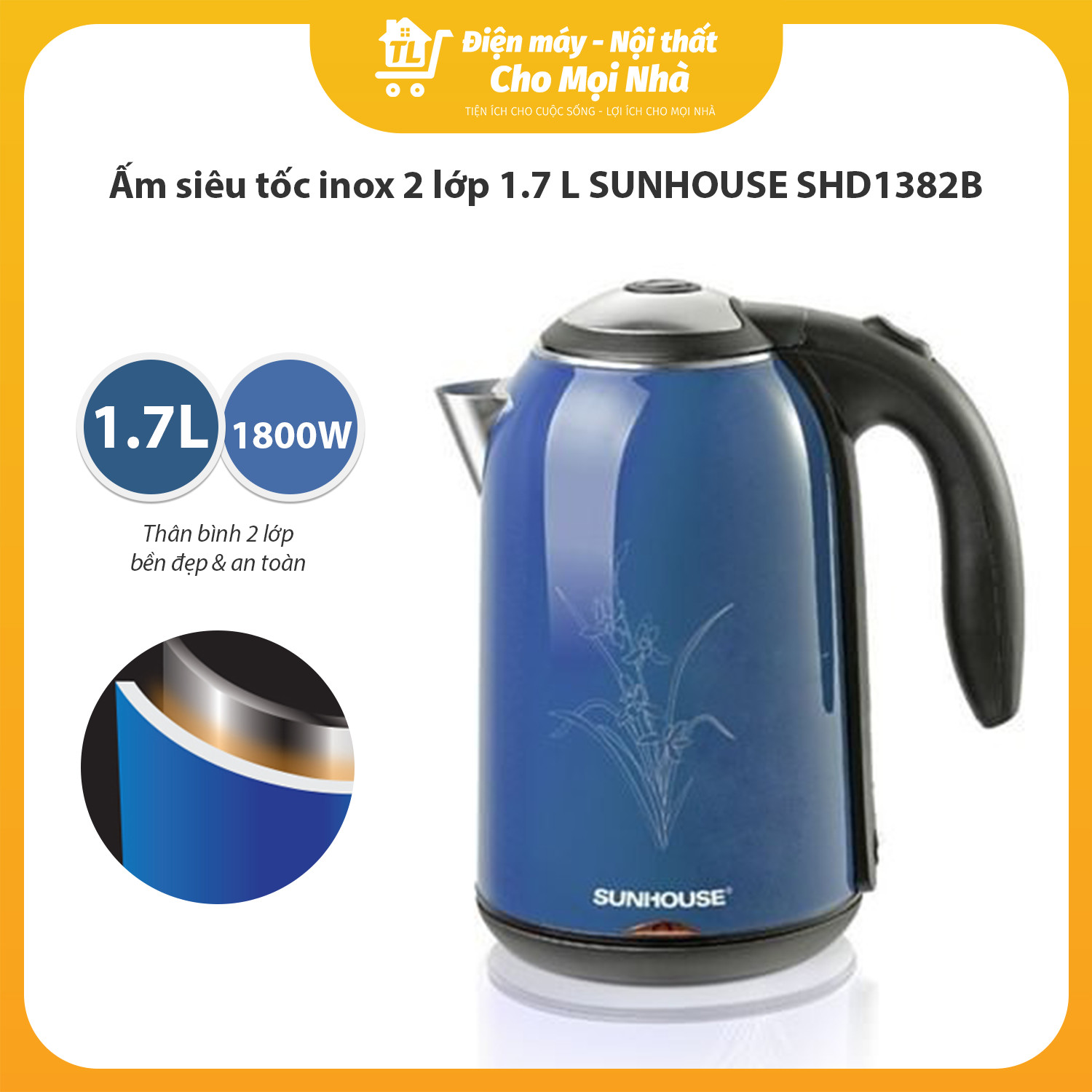 Bình Đun Siêu Tốc Inox 2 Lớp Sunhouse SHD1382 (1.7L) - Xanh- Hàng chính hãng