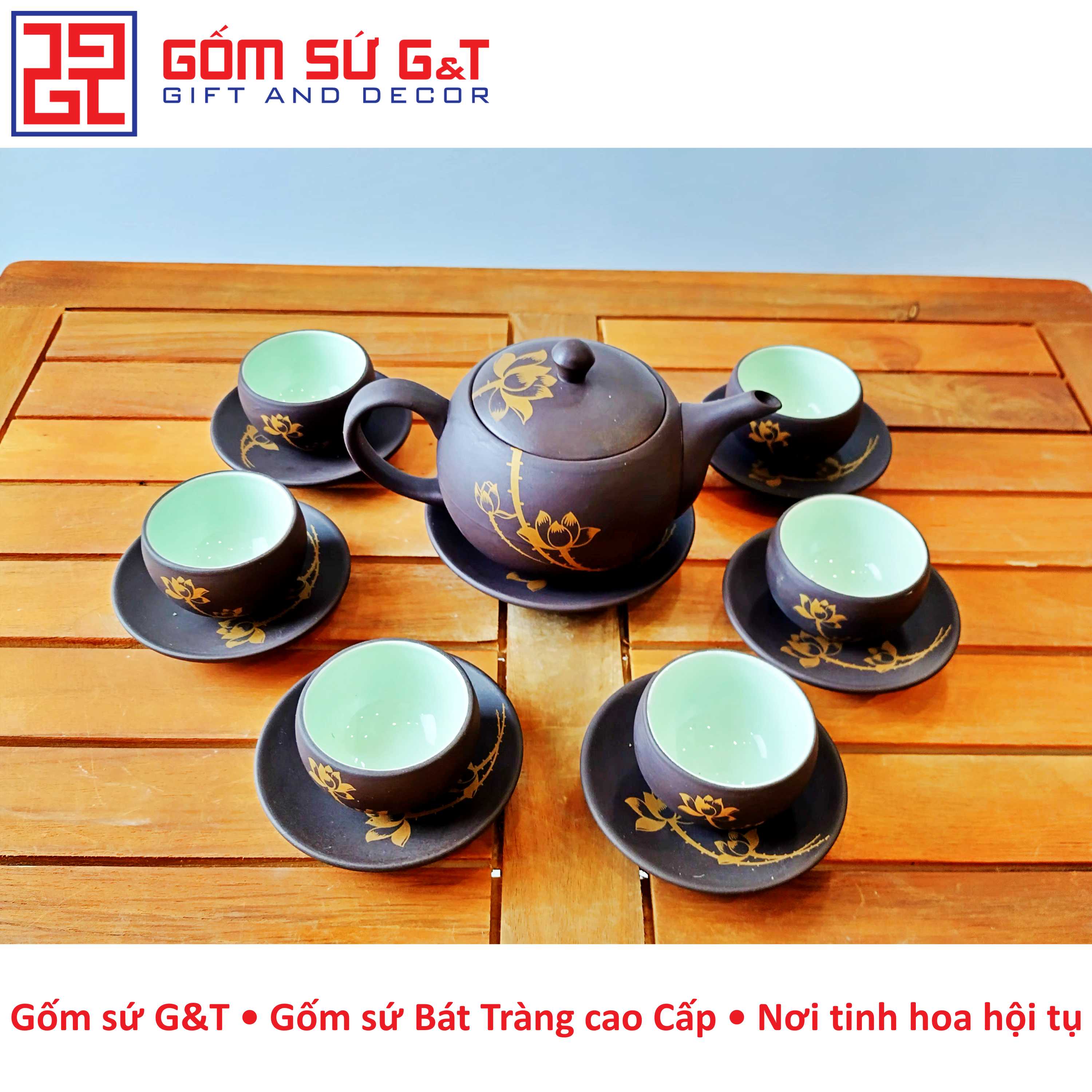 Bộ trà nâu vẽ sen vàng Gốm Sứ G&amp;T