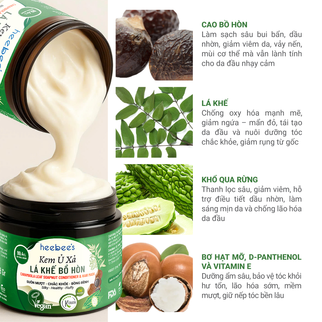 Kem Ủ Xả Lá Khế Bồ Hòn Heebee's Suôn Mượt, Chắc Khỏe, Bồng Bềnh 168 Gram