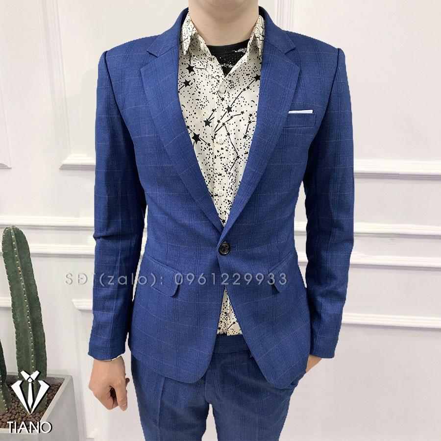 Bộ Vest nam cao cấp 1 cúc màu Xanh kẻ, form ôm body chất vải dày mịn 2 lớp, Suit Nam Cao Cấp - TIANO STORE