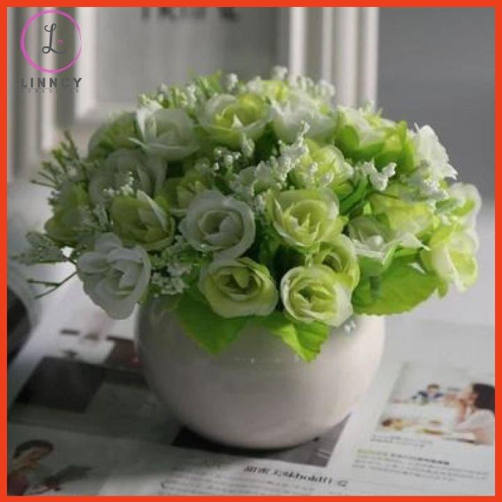 Chậu tròn hoa giả mini cắm sẵn để bàn nhiều mẫu cao 15cm