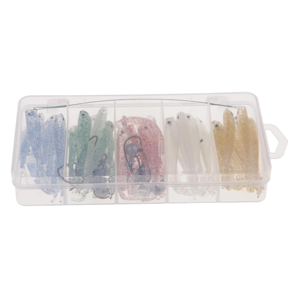 50pcs Soft Plastic Bass Fishing Lure Bait with Jig Head Worm Hooks Lure Box