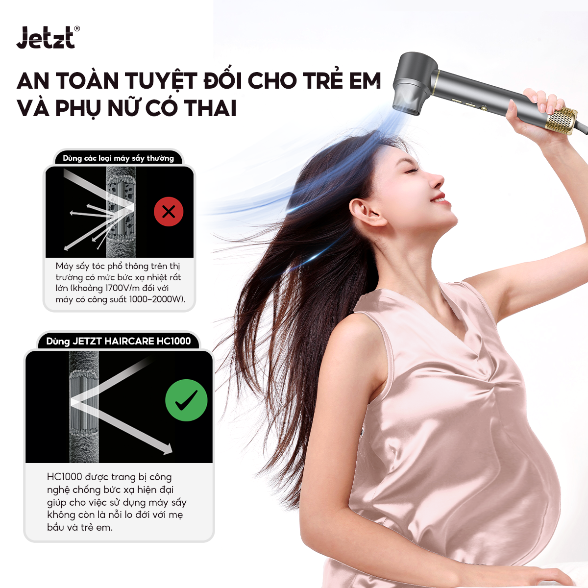 Máy sấy tóc ion âm Jetzt Care HC1000 - Công nghệ chống bức xạ hiện đại, an toàn tuyệt đối cho trẻ em và phụ nữ có thai, hàng chính hãng