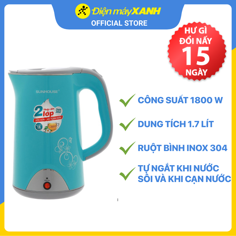 Bình Đun Siêu Tốc Inox 2 Lớp Sunhouse SHD1388G (1.7L) - Hàng Chính Hãng