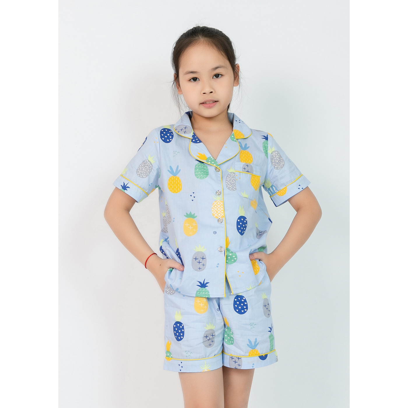 Đồ bộ Pijama bé gái áo cộc quần đùi màu xanh hình quả dứa