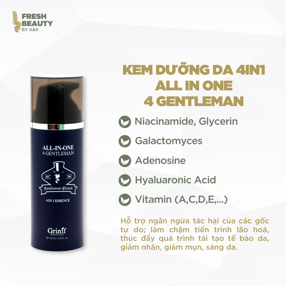 Kem dưỡng trắng da, chống lão hóa, dưỡng ẩm da, giảm thâm nám 4 trong 1 cho nam giới GRINIF All In One 4 Gentleman 120ml