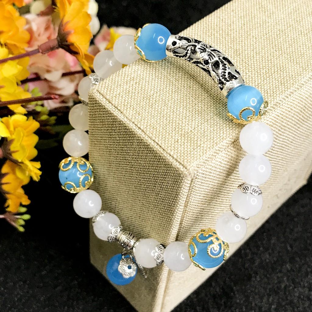 Vòng Tay Cho Mệnh Kim - Vòng Tay Nữ Mã Não Trắng 8mm Mix Đá Mắt Mèo 10mm Charm Lá V357-8