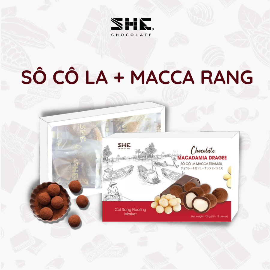 Socola macca tiramisu hộp 100g SHE Chocolate - Quà tặng du lịch phong cảnh Chợ nổi Cái Răng Việt Nam