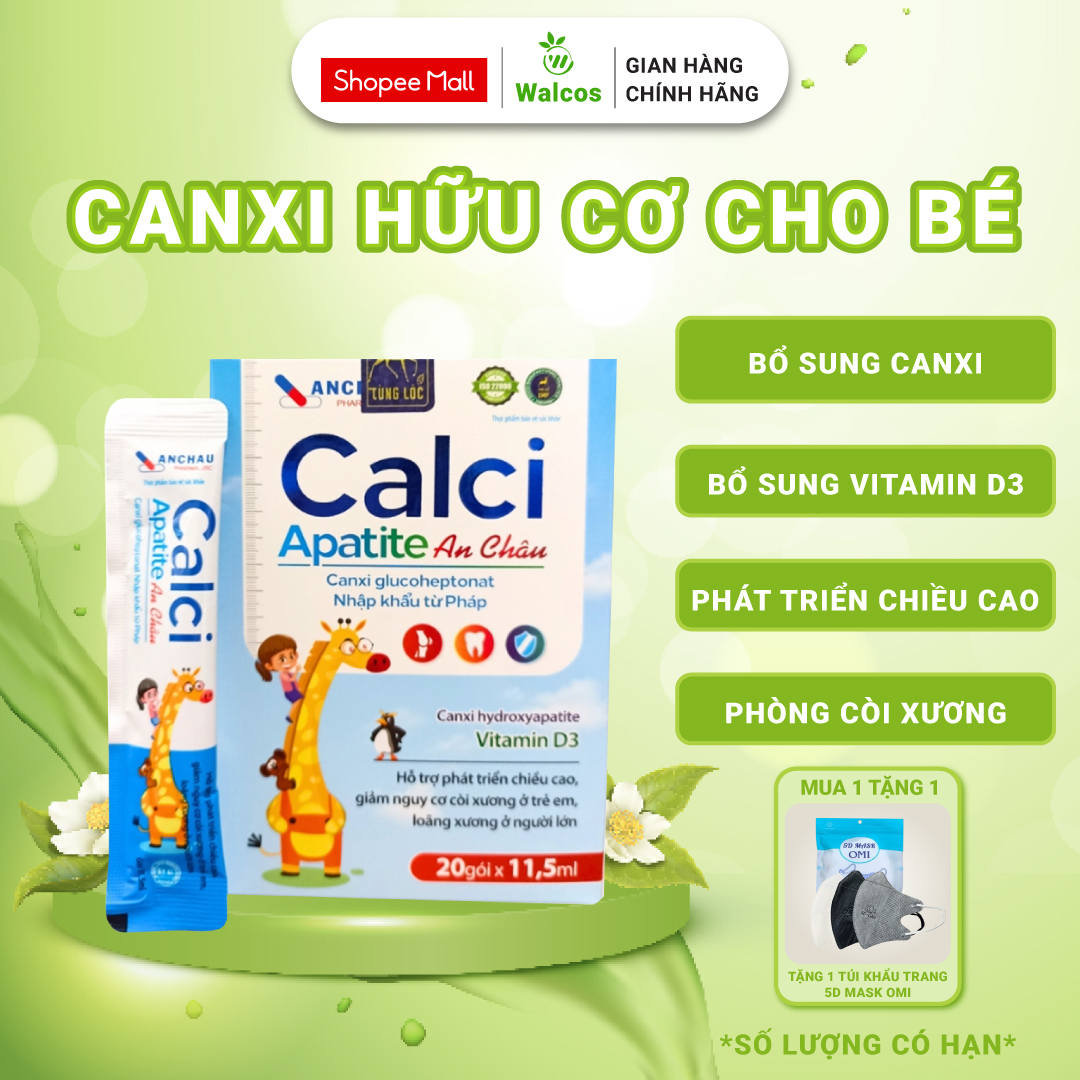 Canxi Hữu Cơ Cho Bé Calci Apatite An Châu Phòng Còi Xương, Giúp Bé Phát Triển Chiều Cao Vượt Trội (Hộp 20 Gói)