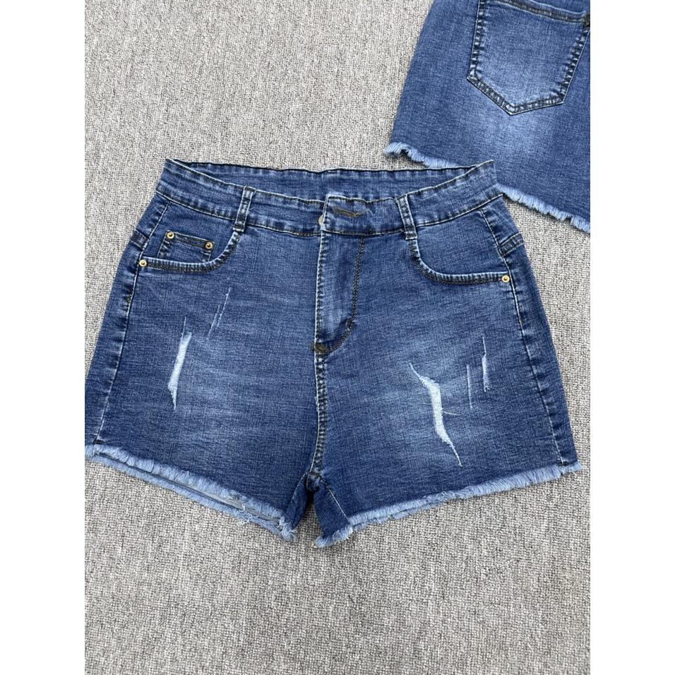 Quần short jean nữ BigSize lưng cao trên rốn, co dãn mạnh, tua lai, màu xanh đậm rách kiểu dành cho người mập 2717