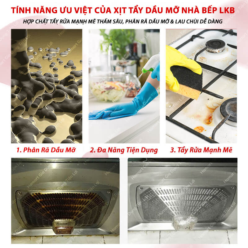 Chai Xịt Tẩy Dầu Mỡ Nhà Bếp Đa Năng LKB 500ml Nước Tẩy Dầu Mỡ Máy Hút Mùi Mặt Bếp Bồn Chậu