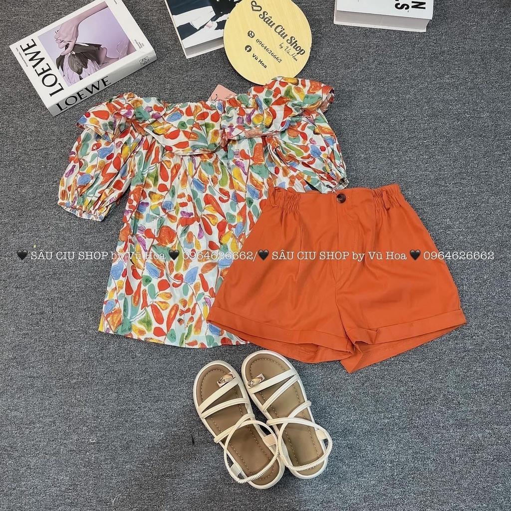 SET BỘ ĐI CHƠI, SET 2 MÓN ÁO HOA CAM RỚT VAI PHỐI QUẦN ĐÙI CỰC CUTE