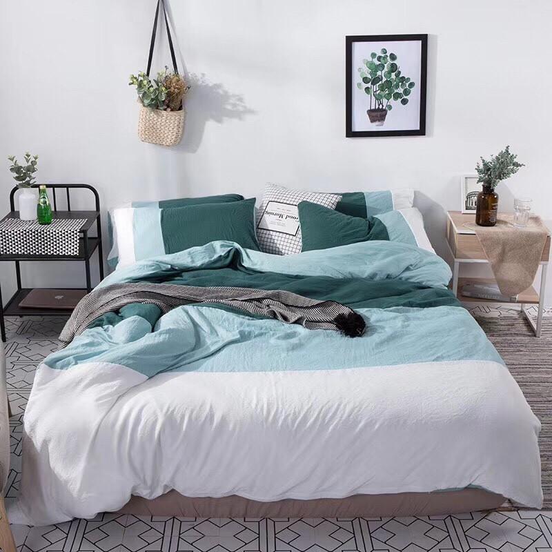 Set Bộ vỏ chăn ga gối cotton đũi phối 3 màu cao cấp - xanh đậm trắng đẹp