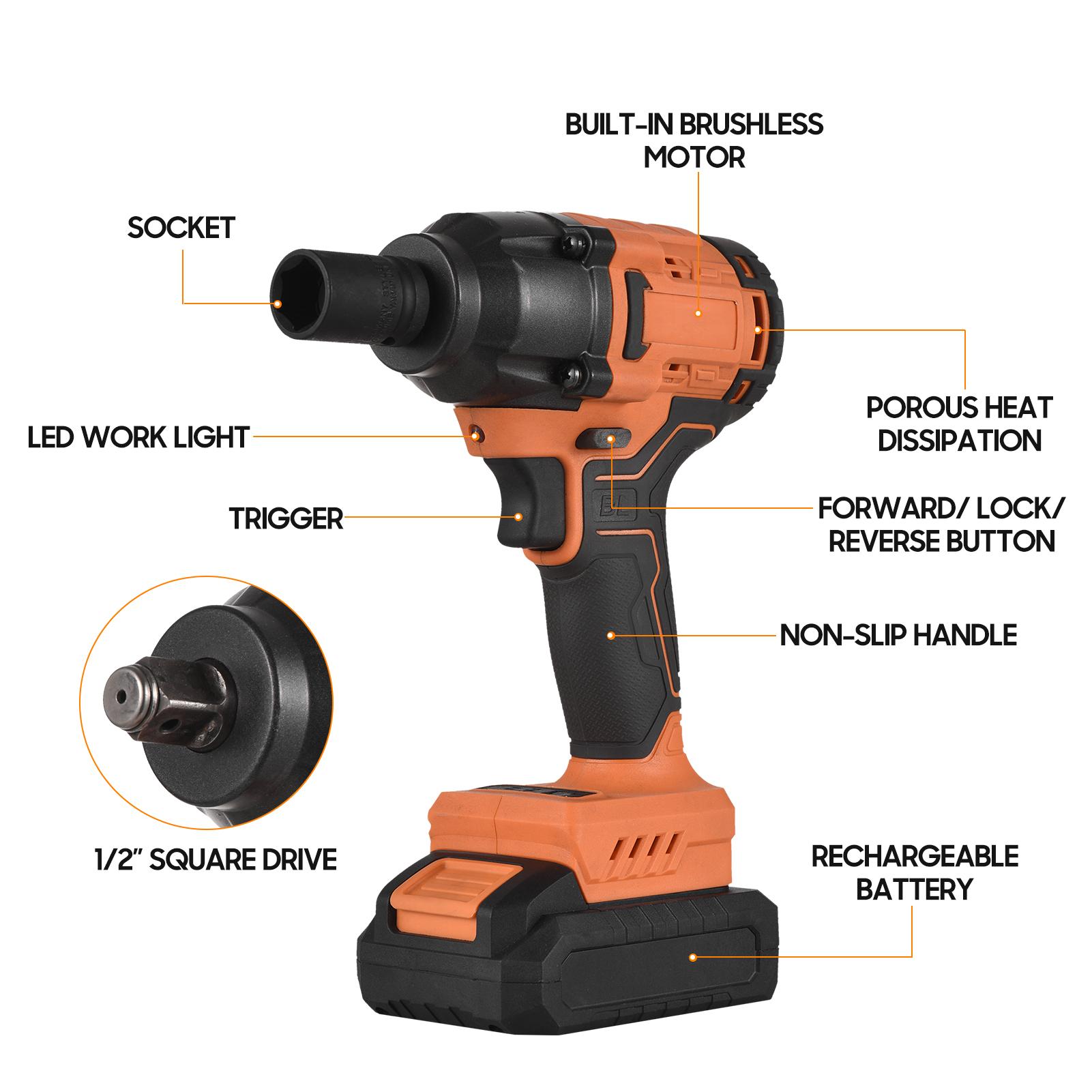 20V Cordless Brushless Impact Wrench with 1/2in Chuck Variable Speed 420N.m Torque Handheld Power Wrench with 4 Sockets 3.0Ah Lithium Battery Fast Charger for Removing Nuts Bolts Auto Repair