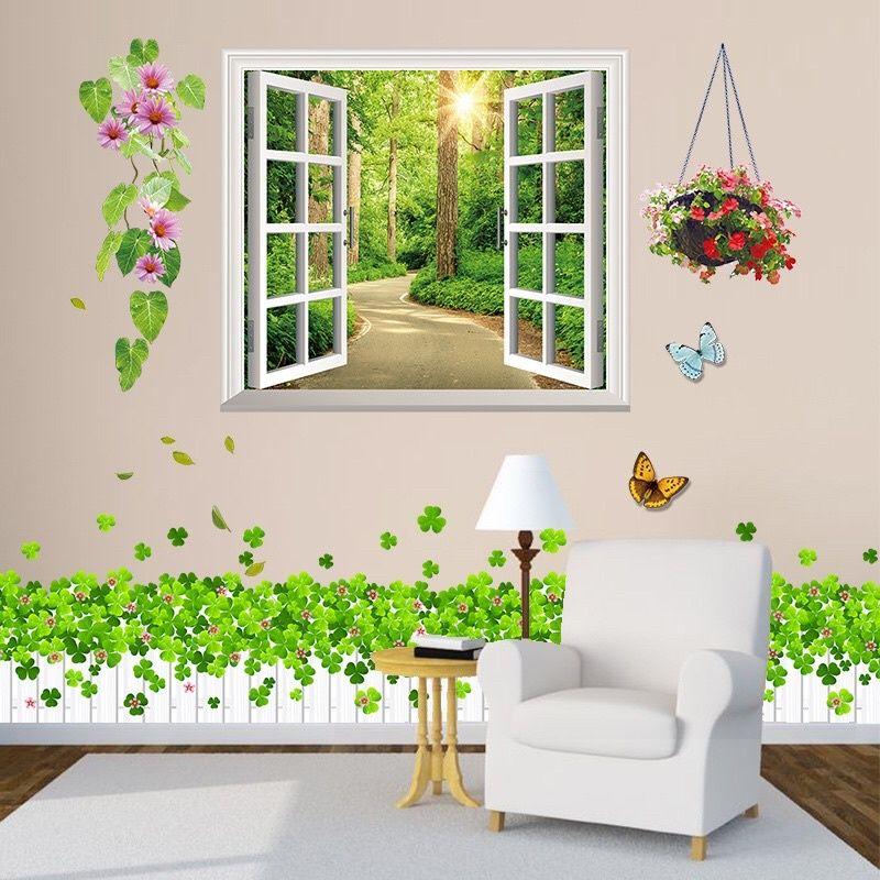 Decal dán tường cửa sổ xanh và chân cỏ may mắn