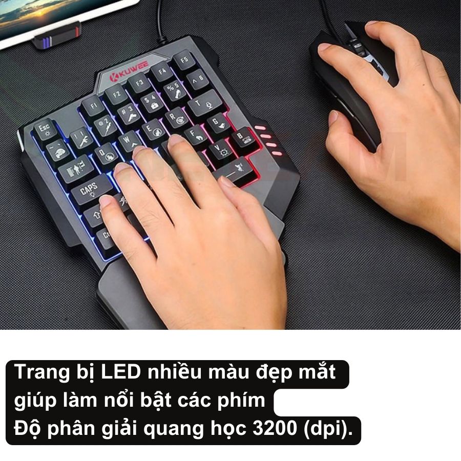 Bàn phím giả cơ một tay Kuwee K15 - Bàn phím gaming 35 phím hỗ trợ Chơi Game Pubg Mobile, Free Fire trên điện thoại, PC