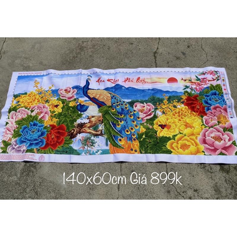 (Thêu sẵn) Tranh thêu chữ thập công 3D hoa khai phú quý 140x60cm