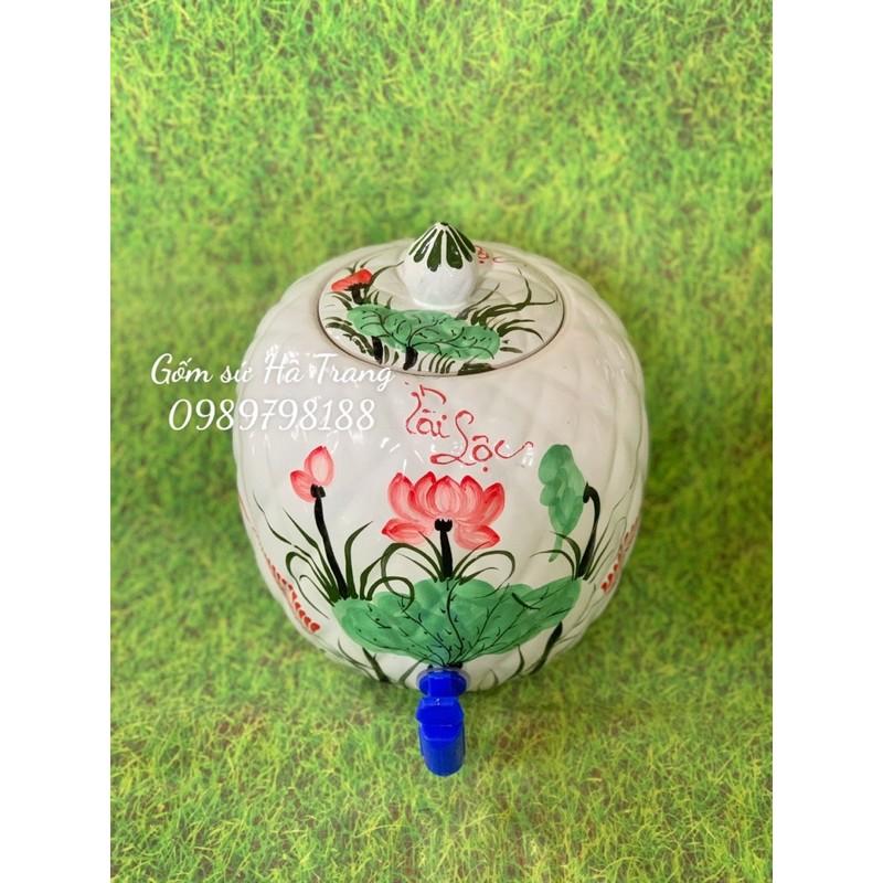 Bình nước gốm sứ Bát Tràng cao cấp men trắng vẽ sen đỏ phú quý tài lộc