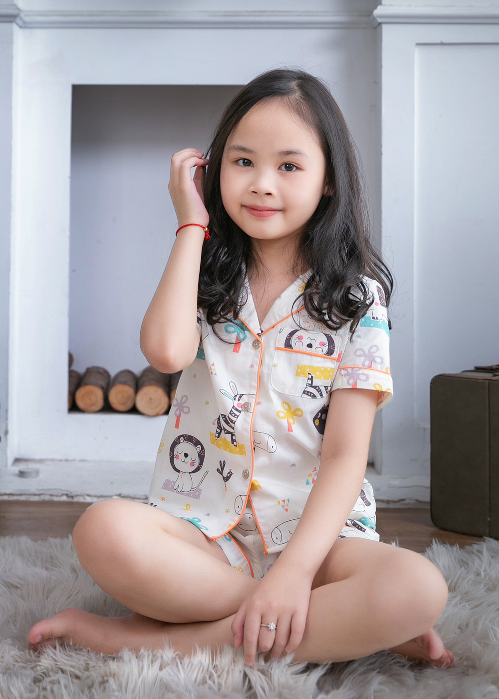 Đồ bộ mặc nhà pijama mẹ và bé màu trắng họa tiết hình thú