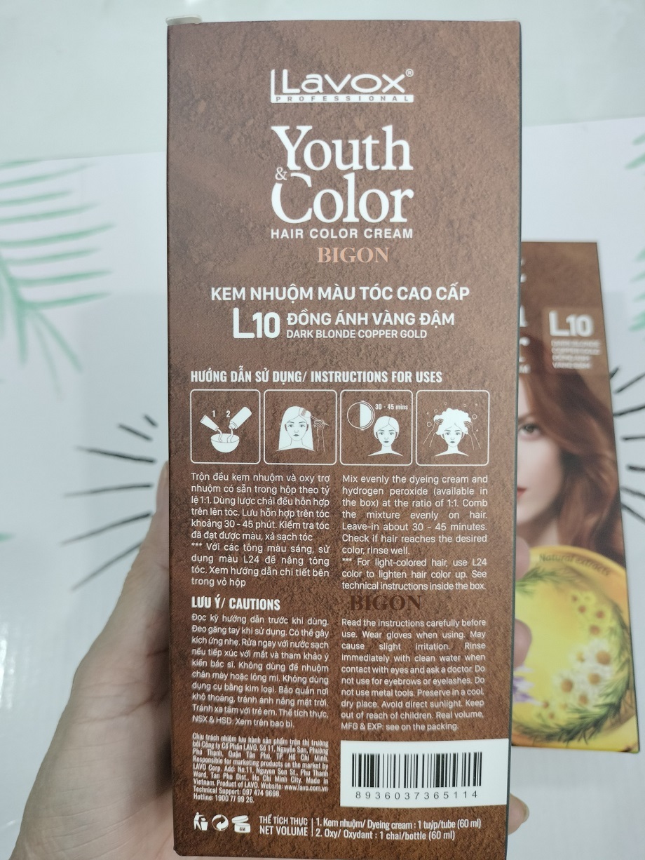 (Đồng Ánh Vàng Đậm) Kem Nhuộm Tóc Màu Thời Trang Lavox Youth&amp;Color L10 - Dark Blonde Copper Gold