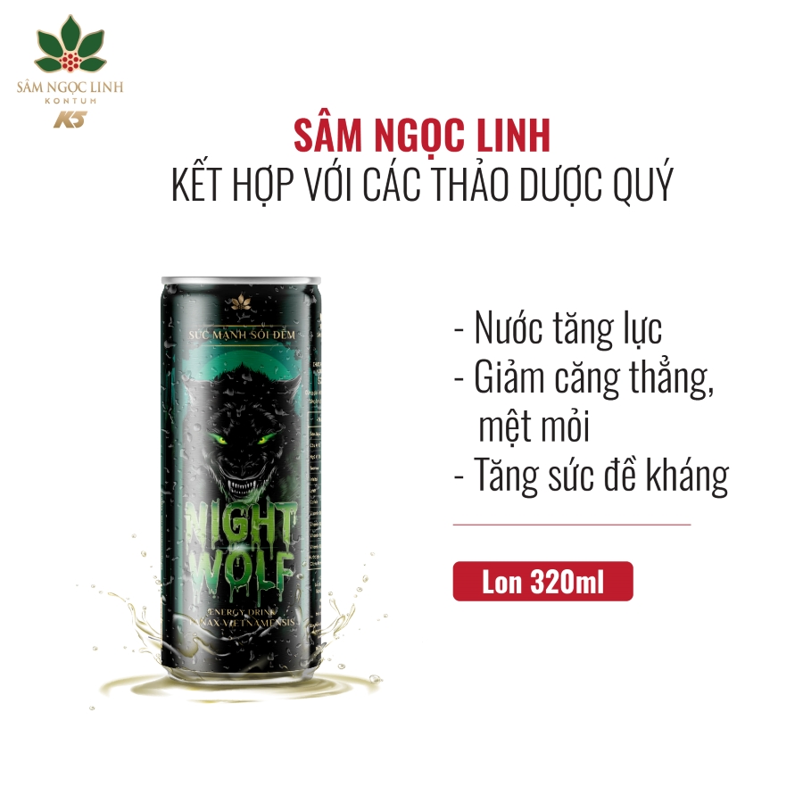 Night Wolf Nước Tăng Lực Sâm Ngọc Linh KonTum K5 Thùng 24 Lon 320Ml