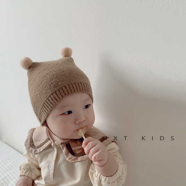 Mũ Len Hàn Quốc Cho Bé  Sơ Sinh Hình Tai Gấu Gắn Quả Bông Cực Đáng Yêu 0-2 tuổi