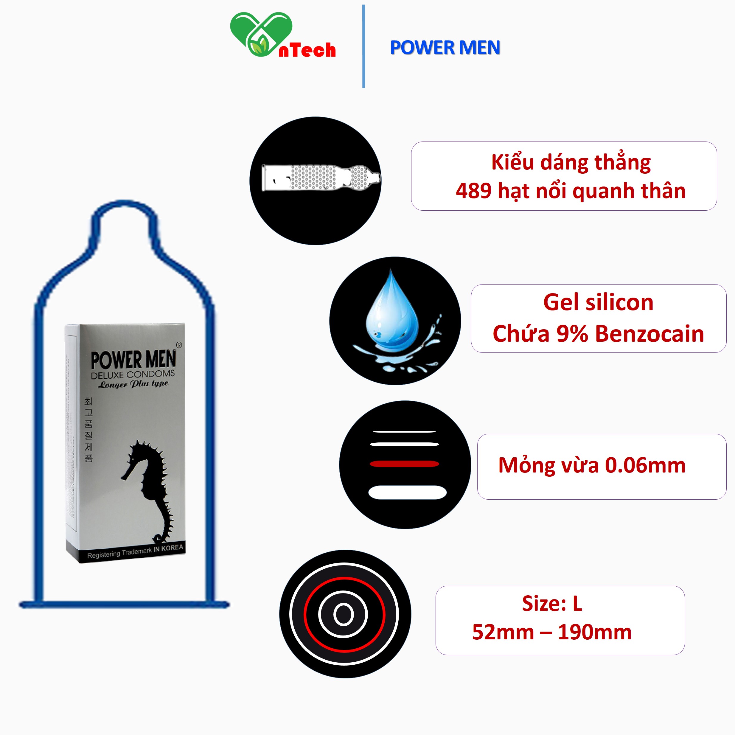 Combo 24 Bao cao su POWER MEN CÁ NGỰA LONG SHOCK Đen và trắng gân gai nổi chứa 9% và 5% Benzocain siêu kéo dài thời gian