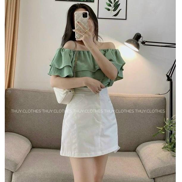 Sét áo và chân váy nữ áo trễ vai bèo phối chân váy chữ A màu trắng dễ thương