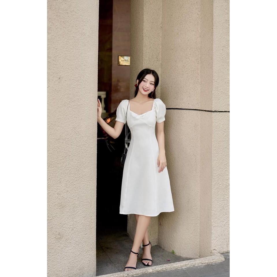 ĐẦM DỰ TIỆC TRẮNG ĐEN CÚP NGỰC TAY NGẮN DÁNG MAXI DÀI CỔ VUÔNG-hình thật shop chụp