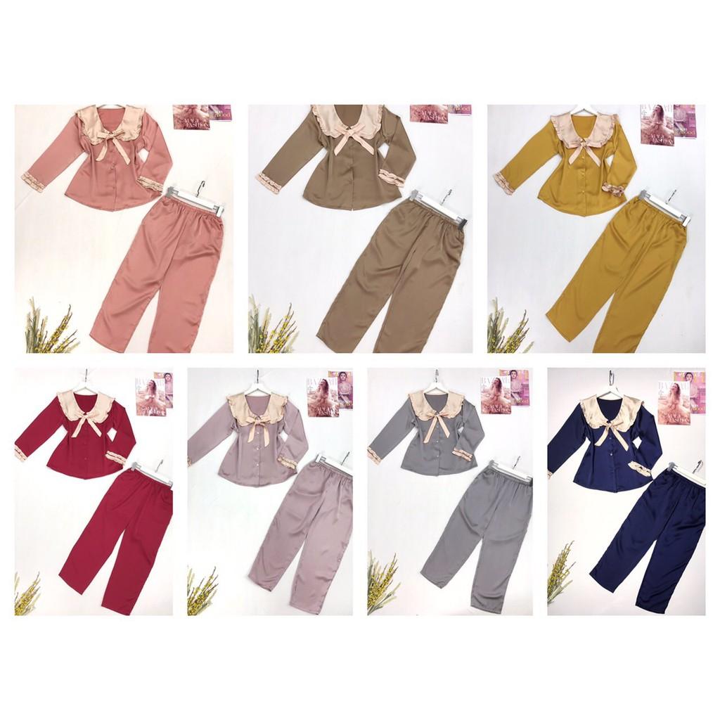 Bộ lụa Pijama - Bộ Quần Dài Tay Dài Lụa Satin Tiểu Thư Cổ Phối Bèo Nơ Freesize 45-65kg